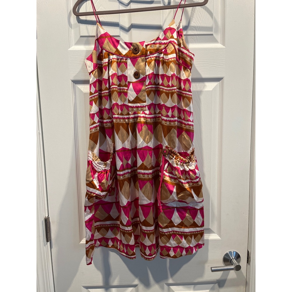 Boho Pink and Bronze Geometric Print Spaghetti Strap Mini Dress with Pockets